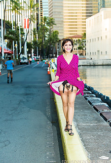 Horny mature woman poses in stockings and very sexy lingerie in public